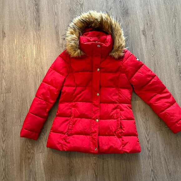 Tommy Hilfiger Red Coat with Fur Trim - Small
